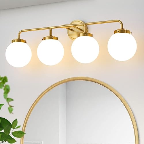 Miniatura 25 de Accesorios de iluminación de baño, luces de tocador doradas sobre espejo, iluminación de pared moderna de 5 luces con pantalla de globo de vidrio