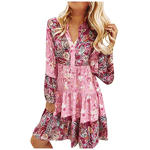 Lalaluka Kleider Damen Strandkleid Vintage Rüschen Ausgestellte Ärmel Drucken Kleid Freizeitkleid Blumenkleid Minikleid Böhmischkleid Shirtkleider Tunika Etuikleid Damenkleider Cover