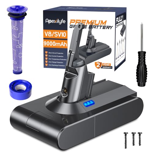 Image of Upgraded 9000mAh 21.6V V8 Battery Replacement Compatible with Dyson V8 Animal /Absolute /Motorhead /Fluffy SV10 Vacuum Cleaner, Includes 2 Filters&3 Screws