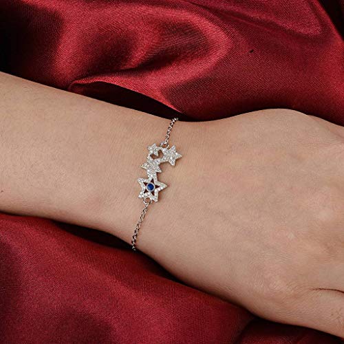 Elequeen 925 Sterling Silver Cz 4 Shining Star Bracelet Chain, 7"+0.8" Extender #TOP3