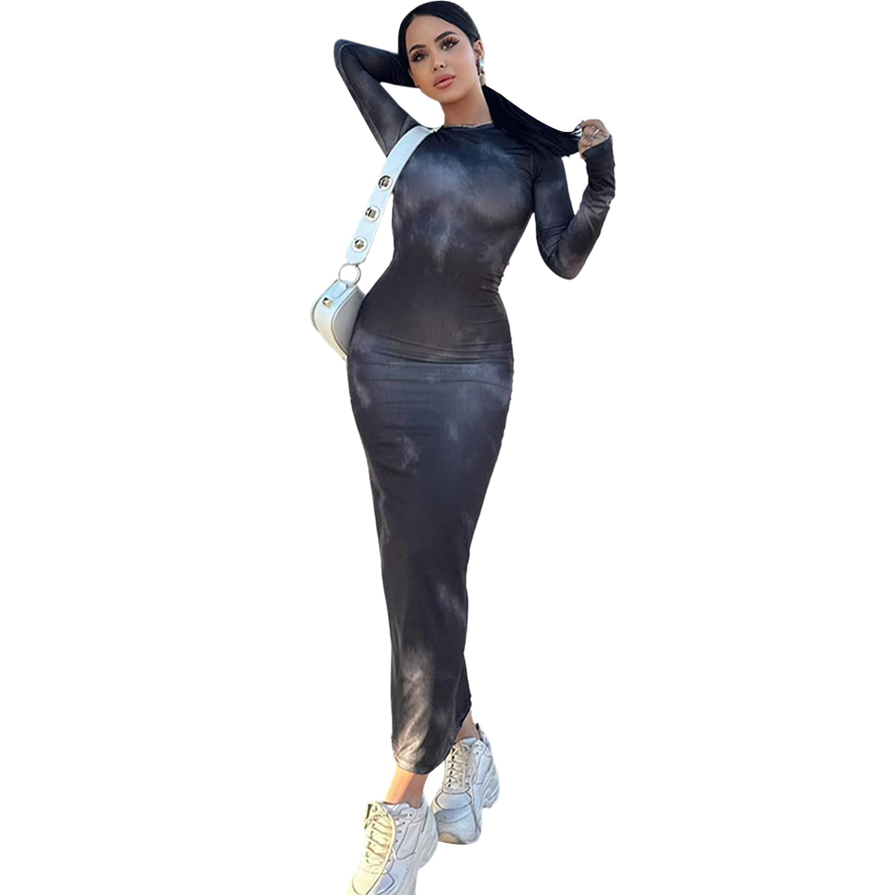 Hanaoopswomens Long Sleeve Maxi Dress Tie Dye Pattern Bodycon Dress |  Desertcart BAHRAIN