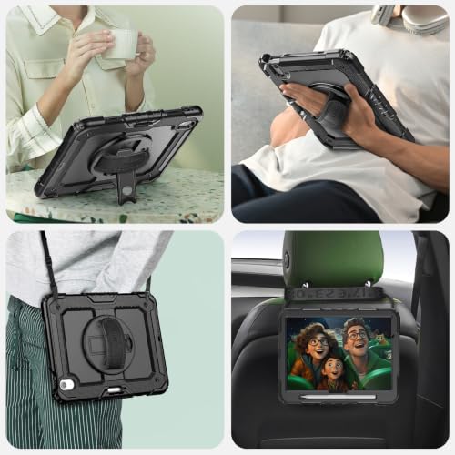 Image of SEYMAC Case for iPad Air 11 Inch M4 /M3 /M2 (2026 /2025 /2024), Black | Heavy Duty Shockproof Protective, Built-in Screen Protector, 360 Rotating Stand, Hand /Shoulder Strap, Pencil Holder
