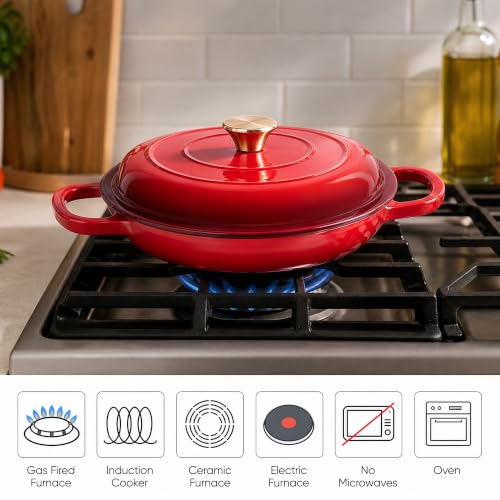 Image of Dutch Oven Enameled Cast Iron with Lid - Big Dual Handles - Oven Safe up to 500F - Classic Round Pot for Versatile Cooking 3 QT Shallow Pot Red