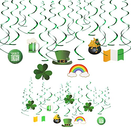 KissDate 30 Pcs St. Patrick's Day Foil Swirl Party Decoration, Lucky Irish Green Shamrock and Leprechaun Top Hat Hanging Swirl, Perfect for Hanging Ceiling Window Wall Party Decor Supplies