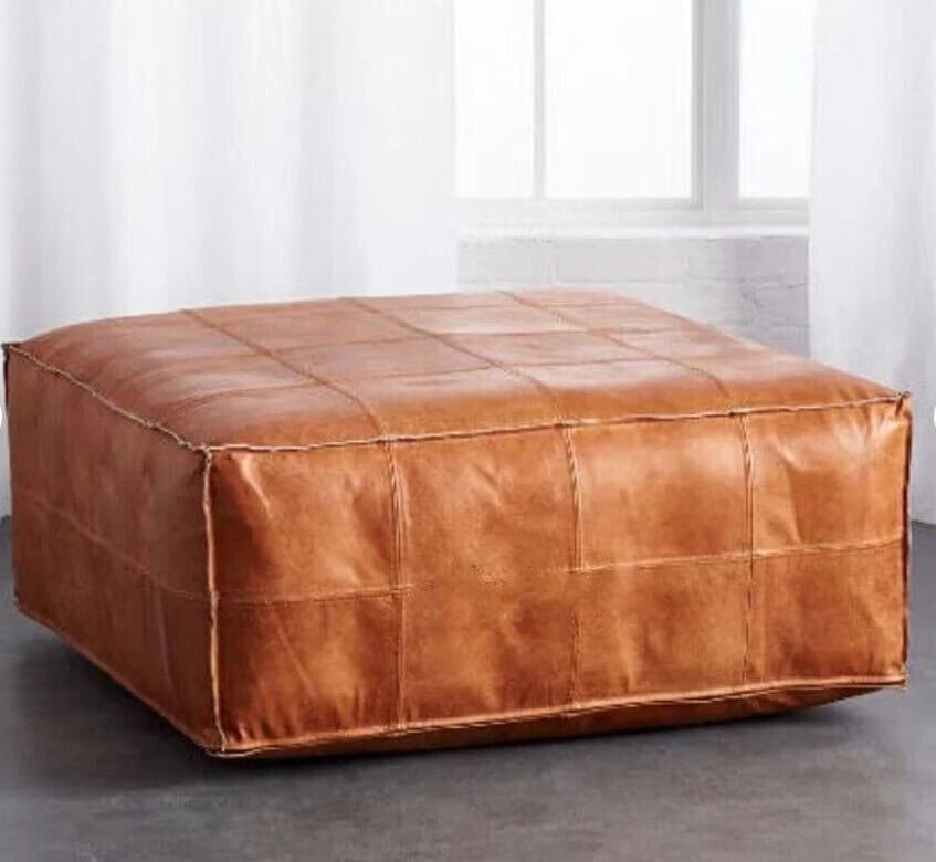 SHAKUN LEATHER Handmade Moroccan Leather Pouffe Ottoman, Square Footstool, Quilted Design, Pouffe Comes without Stuffing (Brown, 35x35x16 Inches)