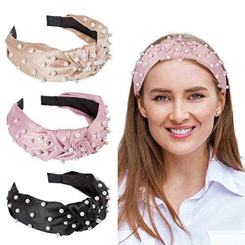 QtGirl Pearl Headbands for Women, Grils Velvet Headband Pearl Hairband Knot Hair Hoop Hair Accessories for Woman Girls Party Wedding
