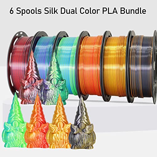 Image of MIKA3D 6 Spools Bicolor Dual Color 1.75mm 3D Printer Filament Bundle, 3D Printing Silk PLA, Silk Red-Gold /Red-Black /Black-Orange /Gold-Copper /Lime Green-Blue /Green-Purple, 3D Silk PLA 250g X 6 Spools