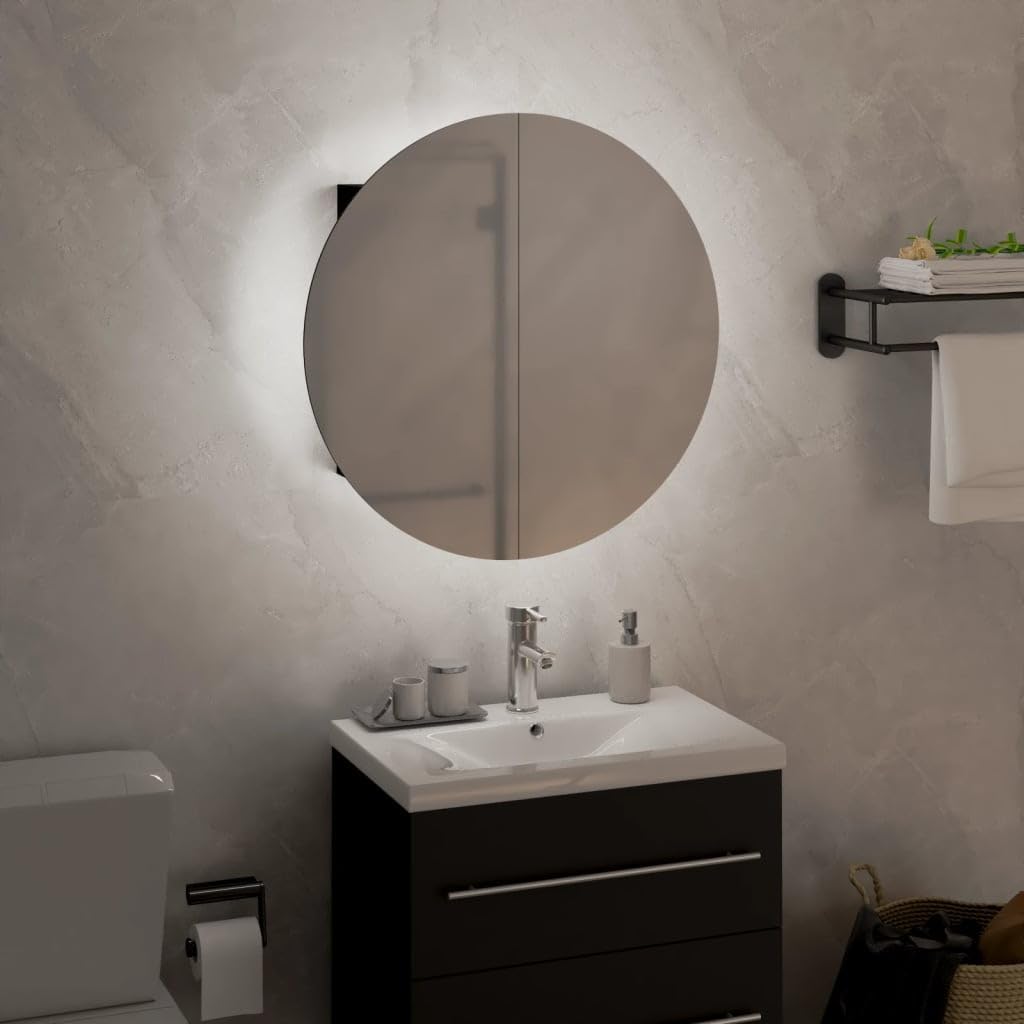 LED Bathroom Cabinet Black 40 x 40 x 17.5 cm with Round Mirror Wood Composite Storage Space for Make-Up Bathroom Furniture Modern for Small Bathrooms and Guest Toilet