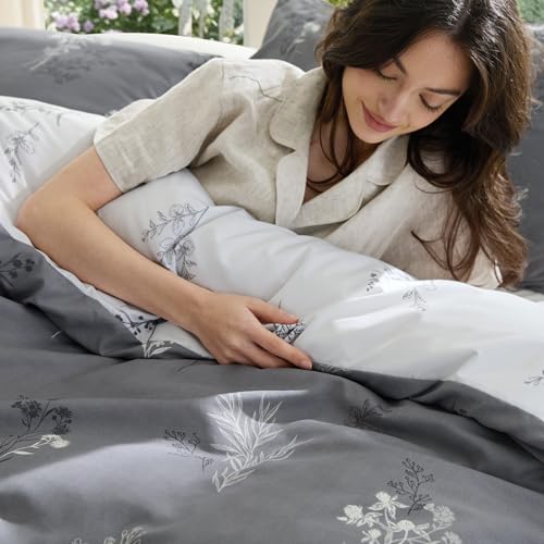 Image of Bedsure Duvet Cover King Size - Reversible Floral Duvet Cover Set with Zipper Closure, 3 Pieces Grey Bedding Set with 8 Corner Ties and 2 Pillowcases 20 inchx36 inch
