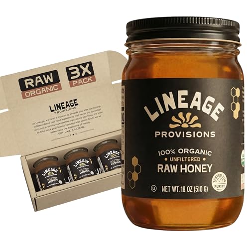 Lineage Provisions 100% Organic Raw Unfiltered Honey – 3-Pack (18 oz Glass Jars) – Undetectable Glyphosate, Chemical-Free, Gluten-Free & Non-GMO – Hand-Harvested Pure Honey