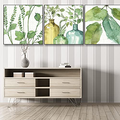 Art mural moderne plante verte élégance : set de 3 toiles d'art 60x60cm