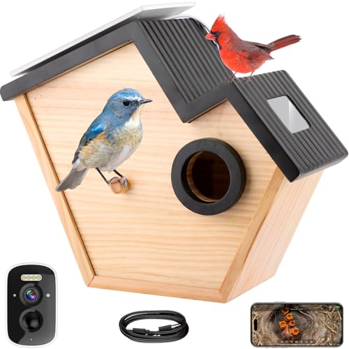Bird House with Camera for Small Birds Nesting, 2K HD Wi-Fi Bird Watching Cam with Solar Powered, Motion Detection&Notify, Night Vision, APP Control, Smart Wooden Birdhouse with Camera Inside