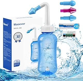 Neti Pot Sinus Rinse Bottle Nose Wash Cleaner Pressure Rinse Nasal Irrigation for Adult & Kid BPA Free 300 ML with 30 Nasal Wash Salt Packets and Sticker Thermometer(Blue)