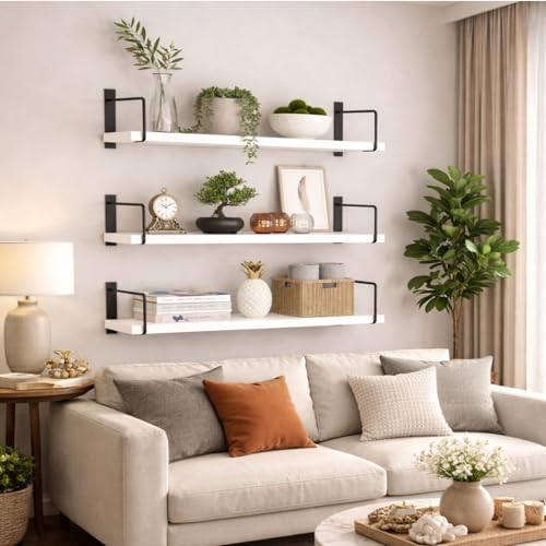 Image of NEST NATURE HAVEN Decorative Wooden Set of 3 Wall Shelf for Living Room & Bedroom Floating Mounted Bookshelf Wooden Wall Mounted | Decorative Storage Wall Shelf Rack (White 20X6X2)
