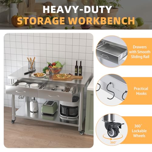 Image of Stainless Steel Work Table with Drawers, 48 inchx24 inch Prep Table for Commercial Kitchen, Heavy-Duty Workbench Worktable Rolling Kictchen Island with Wheels for Home Kitchen and Restaurant