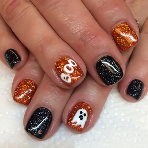 24 Pcs Black Orange Halloween Press on Nails Short Square - SHUXI...