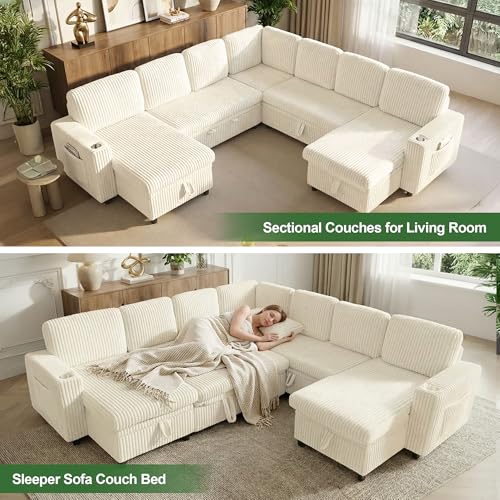 Image of Sleeper Sectional Couch, Sleeper Sofa Bed with Pull Out Bed, Oversized Corduroy Couch for Living Room, Bedroom and Apartment, Modular Corner Sofa with Storage, Beige