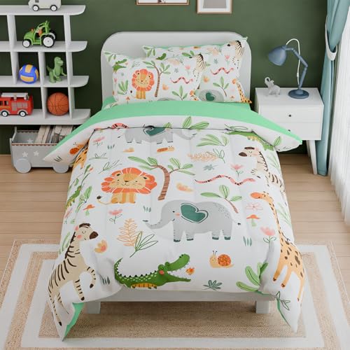 Image of Jungle Animal Kids Bedding Set for Boys Girls, Ultra Soft Microfiber Comforter Set Full Size 4-Pieces, Comforters Bed Sets for Kid Tween Teen Bedroom Decor