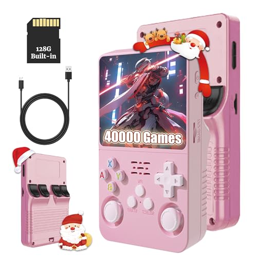 KINMRIS R36S Retro Handheld Spielkonsole, Retro Konsole 3,5-Zoll-IPS-Bildschirm, 128 G über 40.000 Spiele, tragbare Spielkonsole für Kinder und Erwachsene, unterstützt mehrere Emulatoren (Rosa)