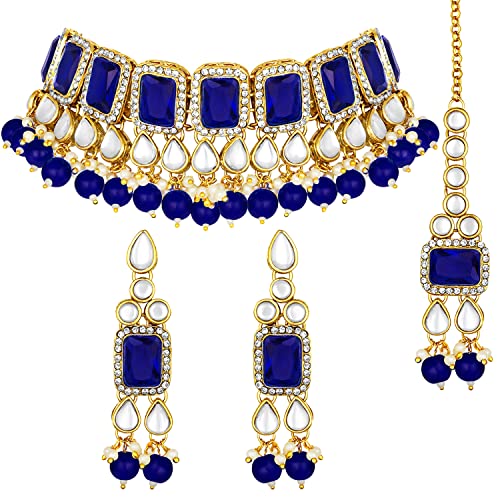 Image of Peora Crystal Faux Pearl Kundan Necklace & Jewellery Set Gift for Women