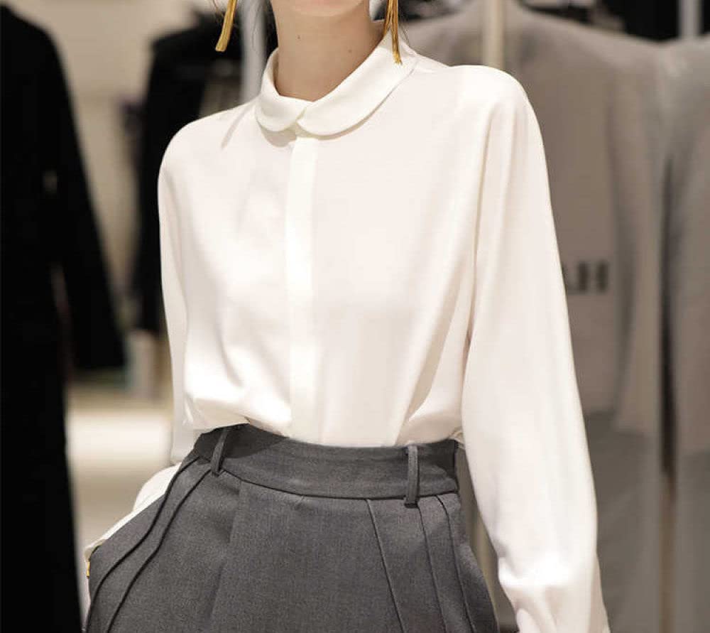 MIDJ Damen-Hemd Mit Knopfleiste,Elegantes Damenoberteil Hemd Weiß Satin Tunika Hemd Langarm Chiffon Bluse Hemd Sommerjacke Lässige Büro Business Bluse Für Mädchen Damen