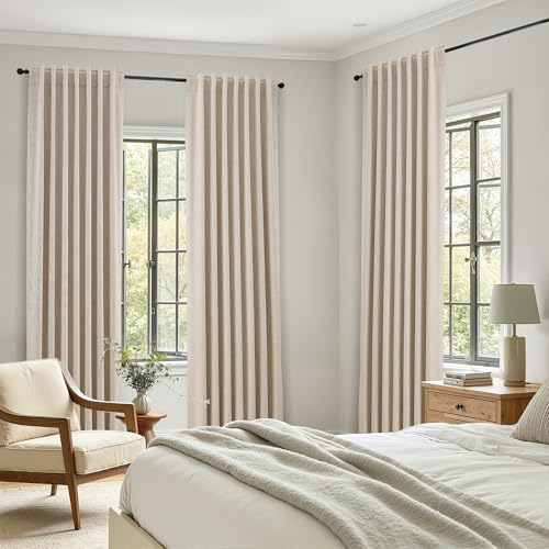 Image of White 100% Blackout Linen Curtains for Bedroom 126 Inches Long Back Tab Thermal Insulated Country Farmhouse Decor Black Out Curtain for Living Room Floor to Ceiling High Window 52x126,2 Panels