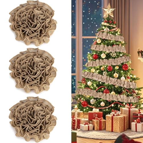 Burlap Ribbon - RAINFLOW 3 Pack Christmas Tree Skirt Decorations for Home Crafts Burlap Roll Jute Burlap Fabric Garland Vintage Home Decor Ruffle Tree Skirt 9 ft 2.7 Inch Wide