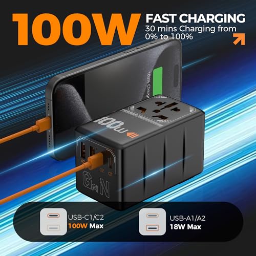 Image of TESSAN Universal Travel Adapter, Black | 100W GaN, 4 USB Ports (2 USB C), International Power Adaptor, US to EU Europe UK AUS France Italy Spain Ireland, Type C G A I