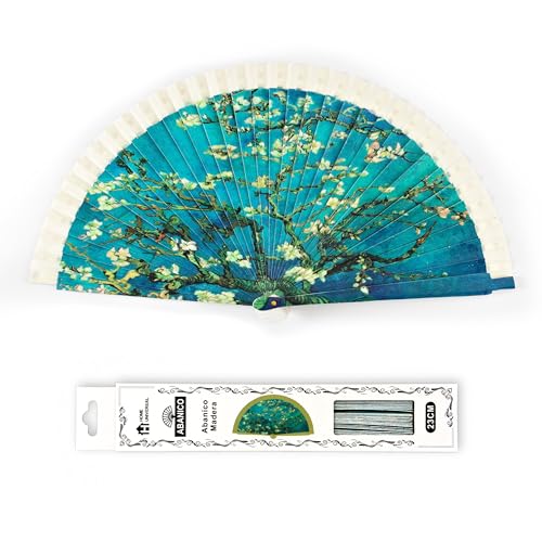 H.U.S.L® Abanico 23CM DE Madera Lisa con Tela DE Marfil, ABANIDO DE Madera Adornado, Abanico Original (Almendro en Flor (Van Gogh))