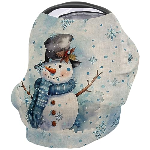 Nursing Cover for Breastfeeding Scarf, Merry Christmas Snowman Watercolor Blue Baby Car Covers Super Soft Multi Use for Canopy Shopping Cart Cover Blanket Stroller Cover