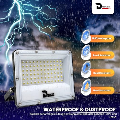 Image of Dreamlux LED Flood Light 50W, IP65 Waterproof Outdoor Light, Cool White 6500K, 130-140 lm /W, Aluminum Body, 6kV Surge Protection, BIS Certified Security Light (Pack of 3pc)