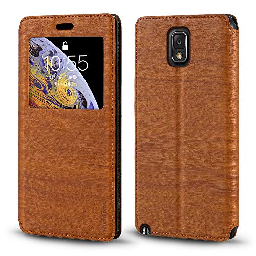 Shantime Viewable Window Leather Flip Case Compatible with Samsung Galaxy Note 3, Elegant Design Clear Display Invisible Magnetic Cover and Card Slot(Brown)