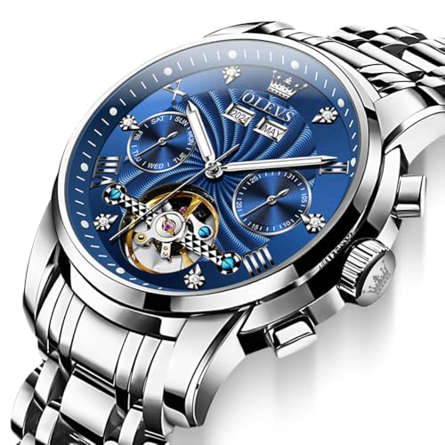 Image of OLEVS Automatic Watches for Men Business Dress Mechanical Watch Stainless Steel Waterproof Self Winding Classic Date Luxury Diamond Skeleton Men Wristwatch