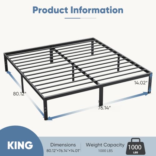 Image of Sweetcrispy King Bed Frame - Heavy Duty No Box Spring Needed Metal Platform Bedroom Frames with Storage Space, 14 Inches High, Sturdy Steel Slat Support, Black