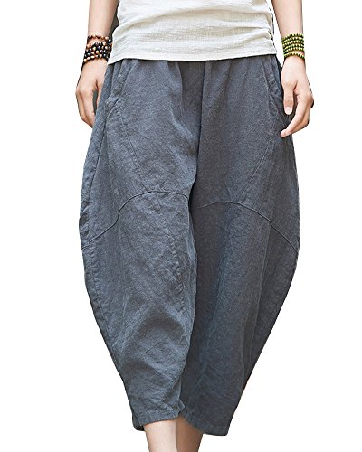Runyue Femme Casual Lâche Pantalon en Lin Coton Yoga Fitness Taille Elastique Confortable Bloomer Large Pants Gris OneSize Cover