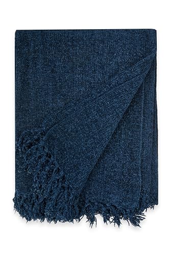 Emma Barclay Throw Blanket For Sofas Bed Extra Large Soft Chenille Throws For Settees In Navy Throw Fleece Blankets - Darcy Collection 60 x 80 (152cm x 203cm) Navy