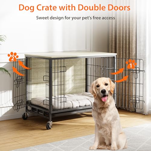 Medium Dog Crate Furniture, 32.5"L x 21.9"W x 25.2"H, Indoor Pet Crate with Double Doors, Removable Tray and 360° Wheels, Wooden Countertop Dog Kennel, Gray&Black - Image 5