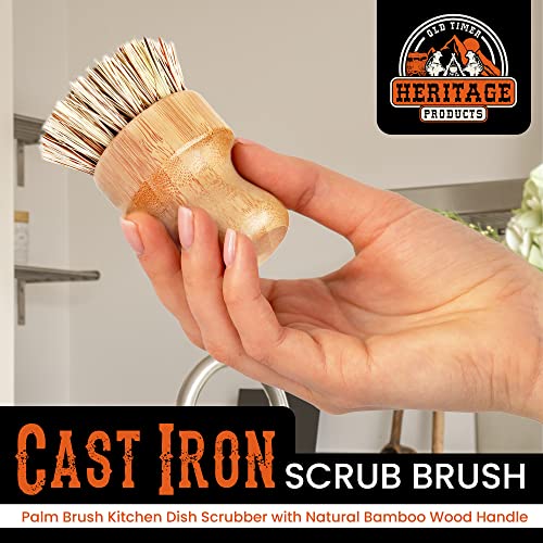 Heritage Products Cast Iron Scrub Brush, Palm Brush Kitchen Dish Scrubber With Natural Bamboo Wood Handle And Densely Packed Nylon Bristles Protects Nonstick Cast Iron Seasoning During Dishwashing #TOP2