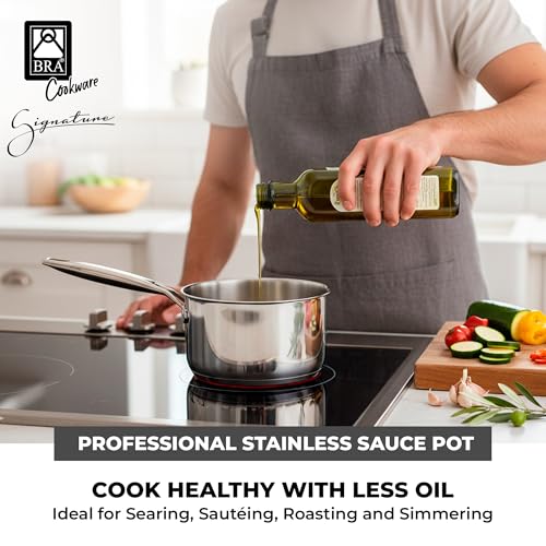 Image of BRA COOKWARE Signature Stainless Steel Sauce Pot w /Glass Lid | 7 Inch 1.4 Quart Professional Grade Saucepan | PFOA Free Warming Pot | All Cooktops | All Cooktops (incl. Induction) & Oven Safe