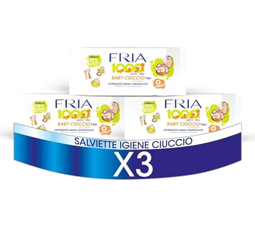 Fria Baby Ciuccio Salviette Pulisci Ciuccio, Biberon e Tettarelle, Con Azione Igienizzante - Formula 99% di Origine Naturale, Pratica Confezione da Borsa con 12 Salviette (Confezione da 3)