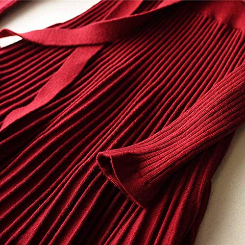 Image of Women's Long Knit Crewneck Sweater Dress Tie Waist A-Line Swing Pleated Bodycon