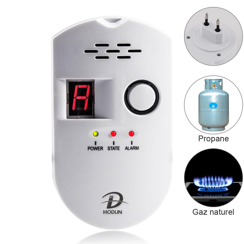 D MODUN - Détecteur de Gaz, Moniteur de fuites de Gaz Naturel/GPL/Charbon, avec Alarme sonore et Affichage numérique LED Détection Le Méthane Propane Butane, Convient pour Cuisine Camping-Car Garage