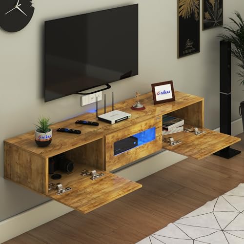 Image of Anikaa Lucen Wall Mount Modern Floating TV Unit for Living Room | 3 Closed Storage cabinets with hinged Door - Blue Color LED Light | Ideal for UP to 55 Inch TV (Gaintwood Finish - DIY Installation)