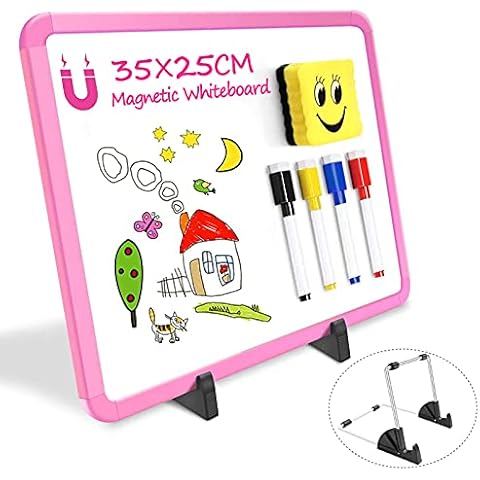 Small Dry Erase Whiteboard for Desk 35 x 25cm, Magnetic Whiteboard with Separate Stand, Double-Sided Portable White Board Desktop Easel for Kids Home Office School, Pink Frame Cover