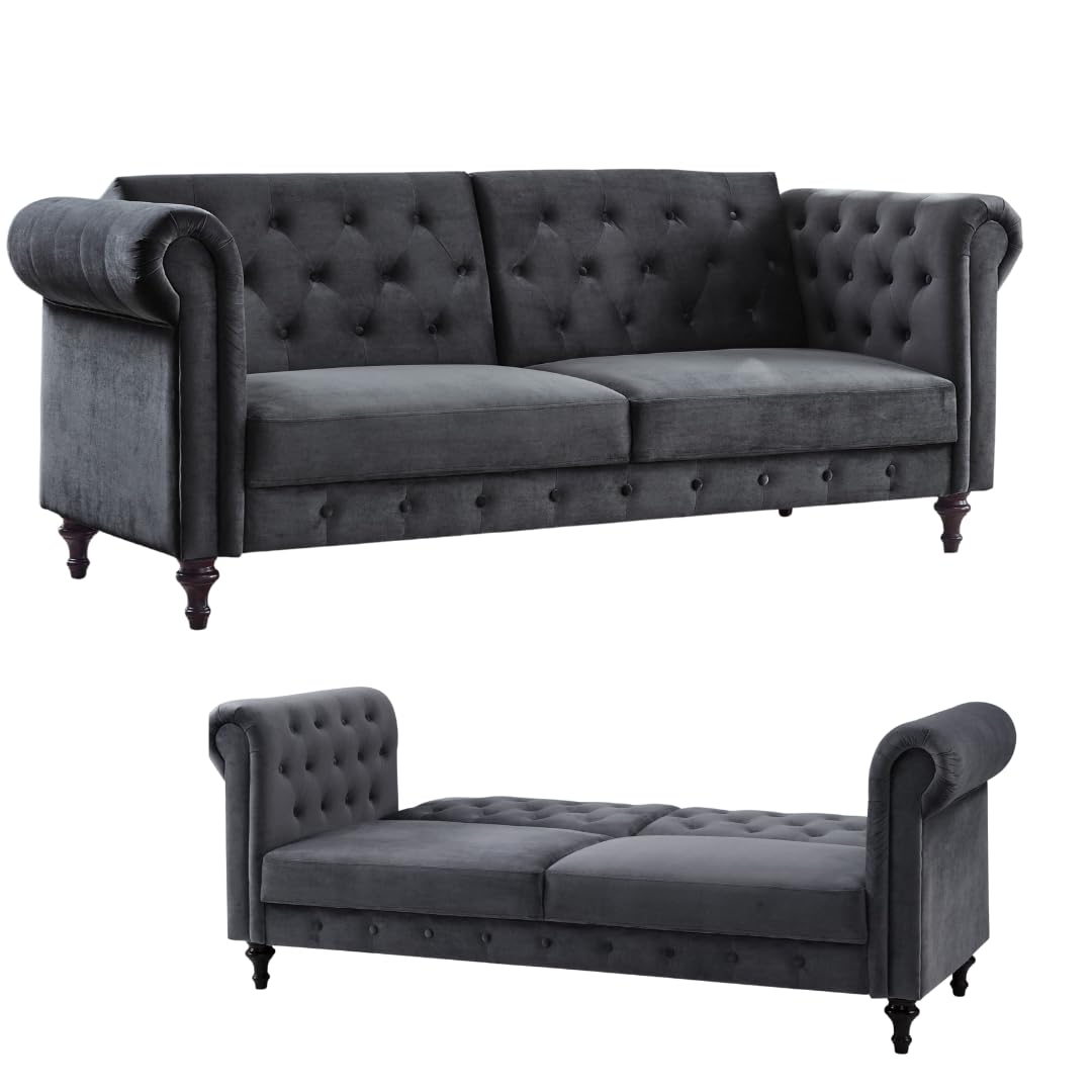 Velvet Three Seater Sofa Bed Vintage Style Chesterfield Bed Sofa Grey Green or Blue Velvet Fabric with Buttoned Back Upholstery - A Timeless Settee for the Contemporary Home (Dark Grey Velvet)