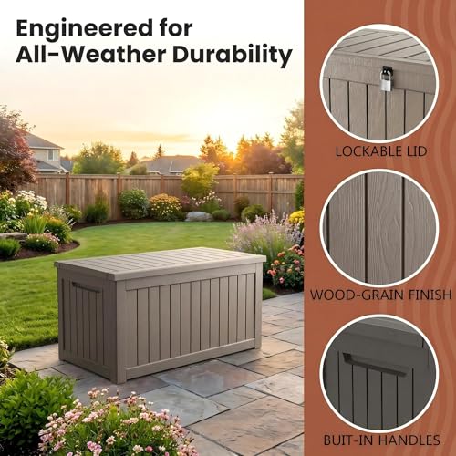 Image of Large 231 Gallon Resin Deck Box, Heavy Duty Lockable Patio Storage Box Outdoor, Waterproof Tool Box for Garden Furniture Cushions & Pool Supplies, Wood Grain Outdoor Storage Bench for Backyard
