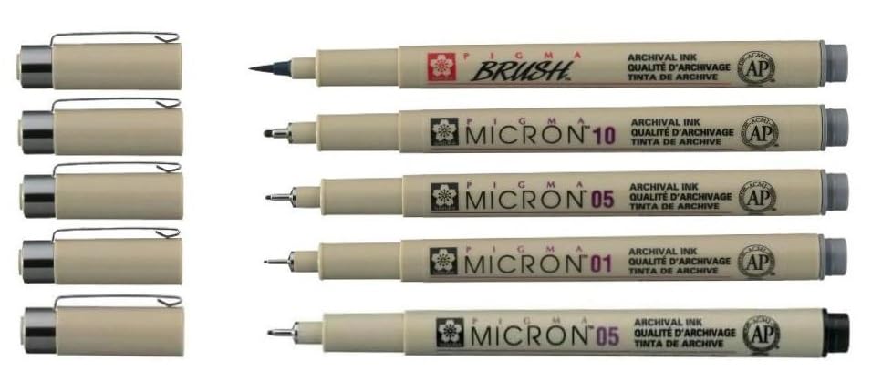 Pigma micron Sakura Gris frío. 01 05 10. BRUSH + 1 negro 05