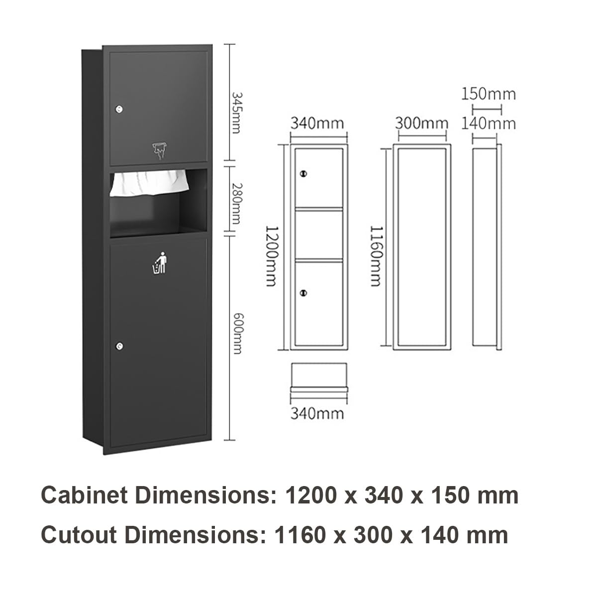 Dispenser di asciugamani di carta da incasso con bidone della spazzatura, in acciaio inox, per cucina, ristoranti, uffici e uso domestico