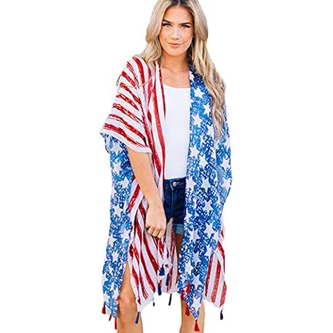 Women's American Flag Print Kimono Cover Up Tops, 4th of July Shirts for Women (American Flag) One Size Cover