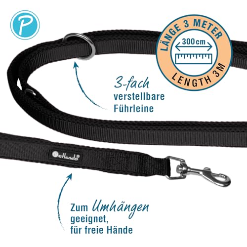 Petlando Hundeleine kleine Hunde leicht, weich mit Mesh gepolstert, robust & pflegeleicht, Führleine Schwarz 300 x 1,5 cm, 3-Fach verstellbar